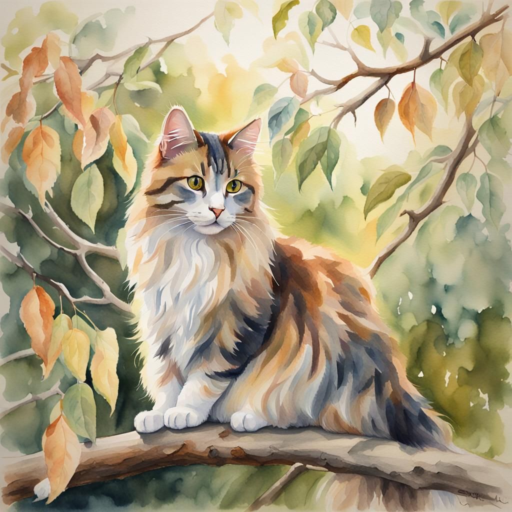 Watercolor Cat Portrait in Golden Autumn Light
