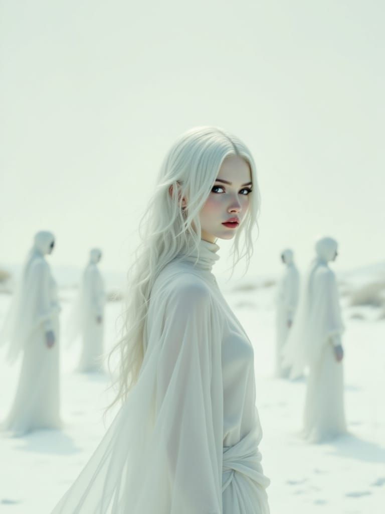 Serene Desert Vision of Contemplative Woman in Flowing Robes