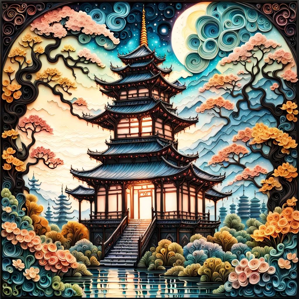 Quilling Japanese Temple with Sakura and Creatures