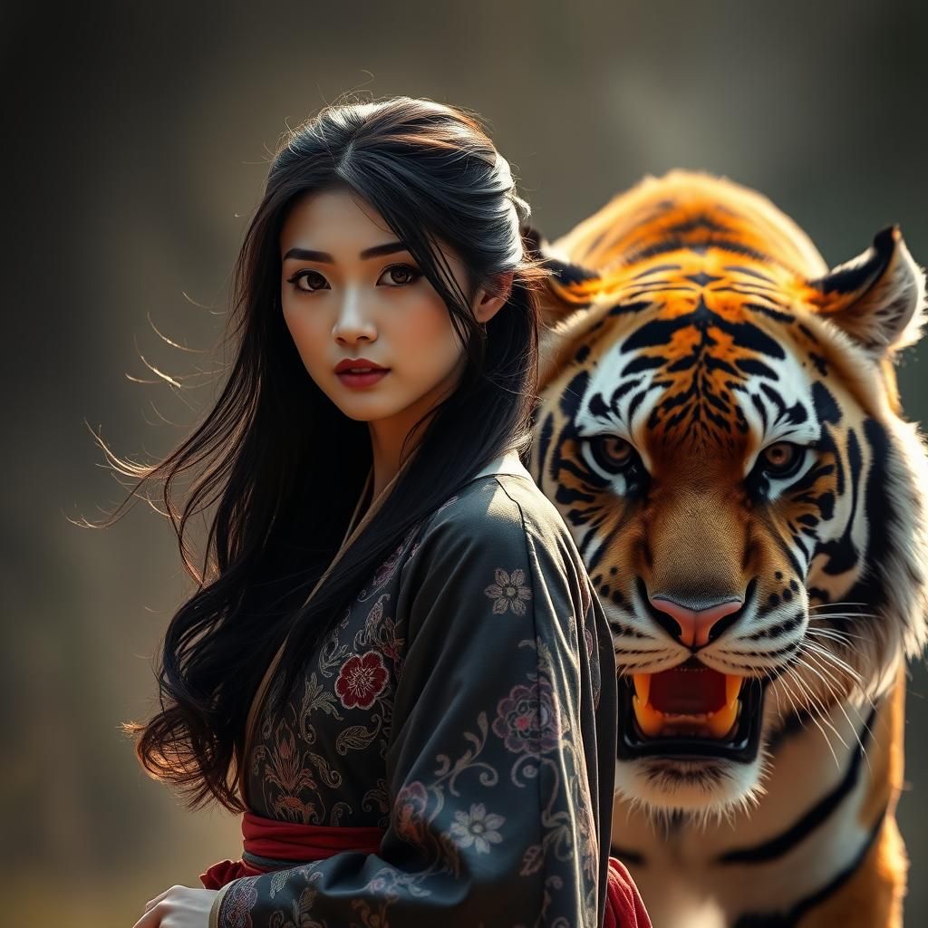 Asian Woman Leads Tiger Hunt: Hyper-Realistic Photography