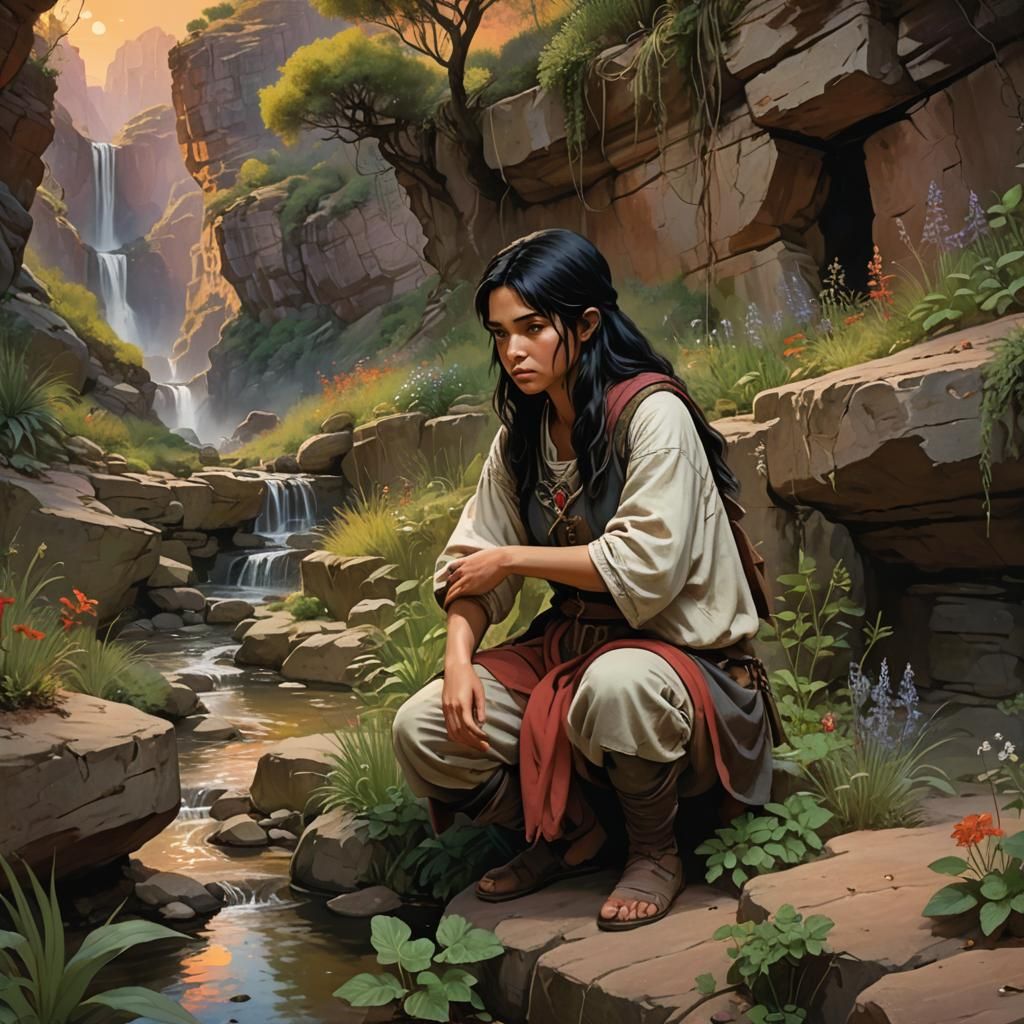 Teenager Harvesting Herbs by Canyon Well, Digital Painting