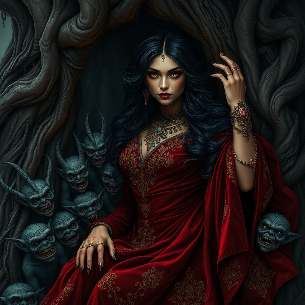 Dark Enchantress in Red Velvet Gown