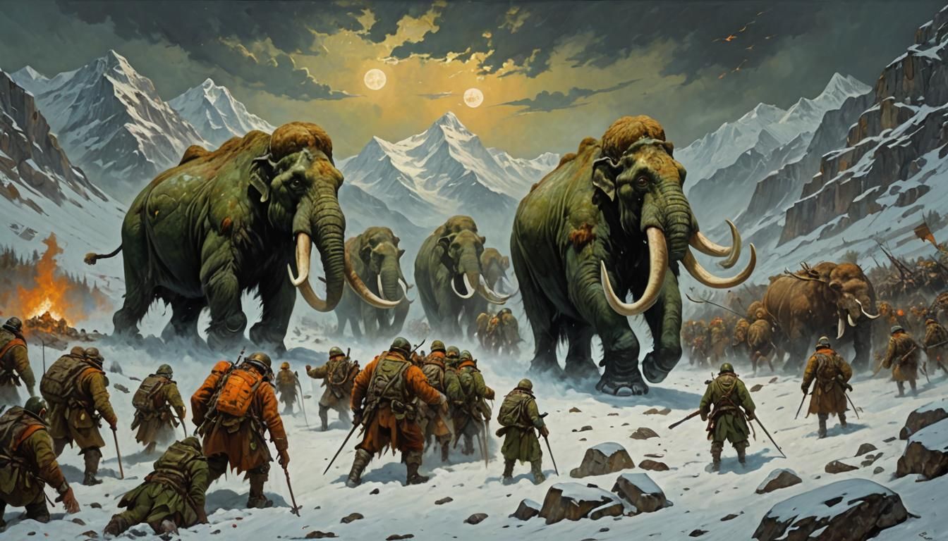 Zombie Mastodons Cross Alps with Hannibal, Oil Painting