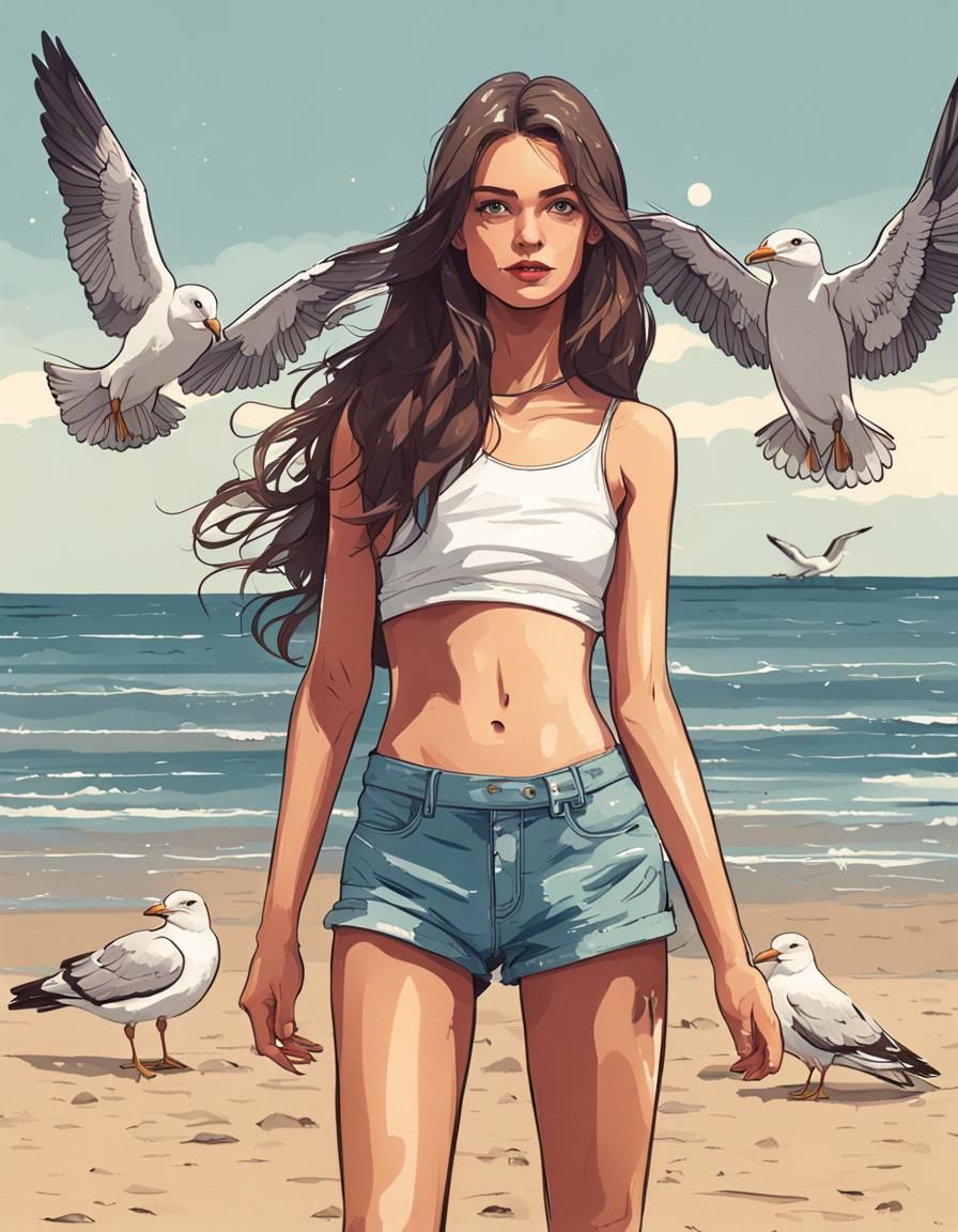 Woman on a Beach with Gulls