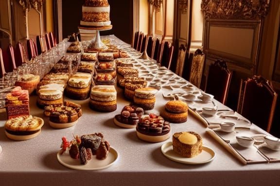 Decadent Cakes on Long Table in Regal Style