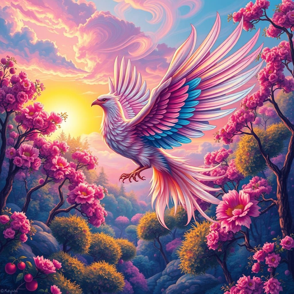 Whimsical Phoenix Soars in Vibrant Wooded Valley at Sunset
