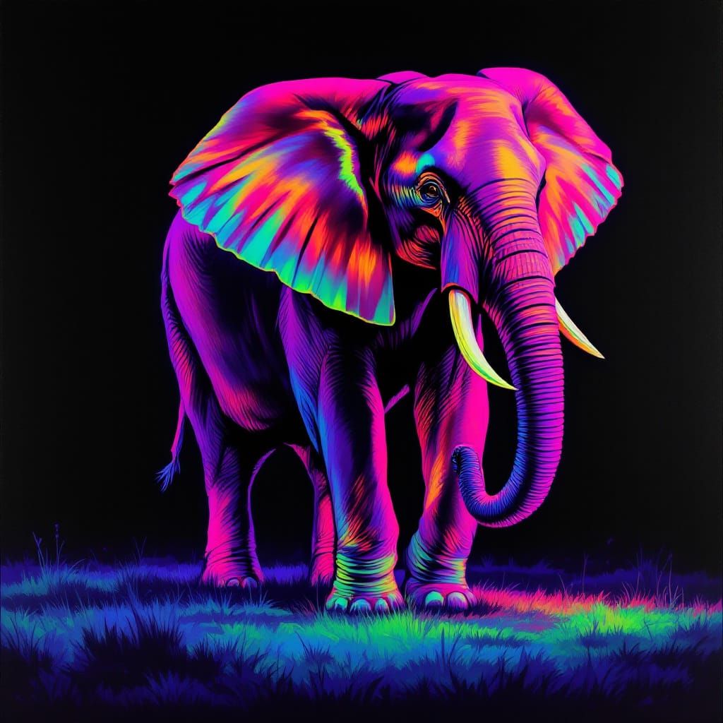 Fluorescent Elephant Radiating Light on Emerald Plain