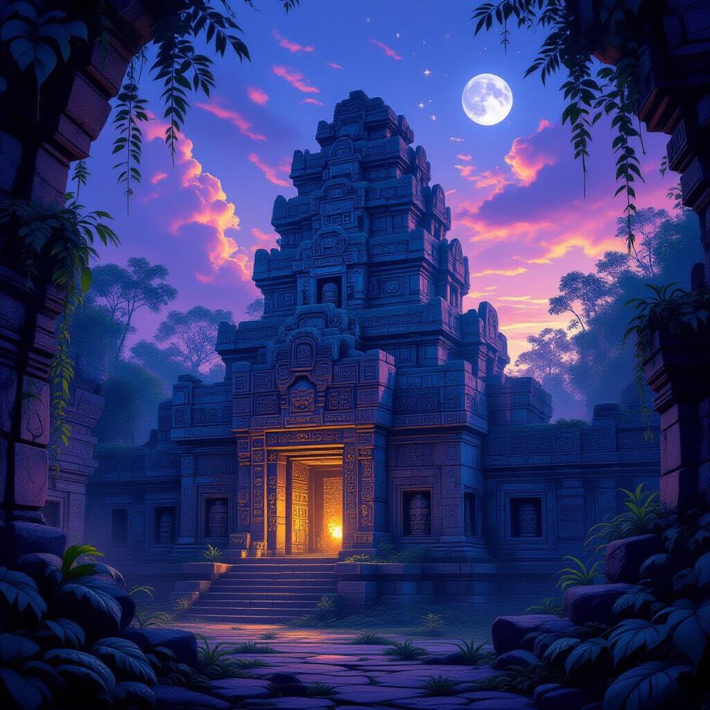 Majestic Mayan Temple at Twilight in Painterly Concept Art S...