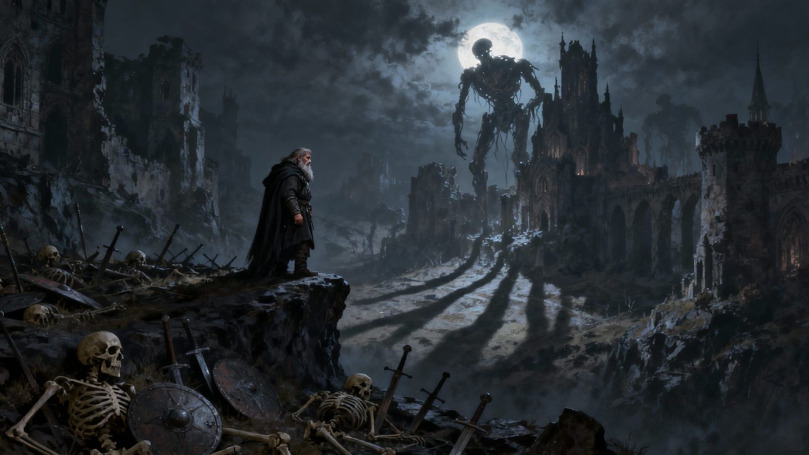 Dwarf Warrior's Grief at Castle Ruins in Dark Fantasy Art