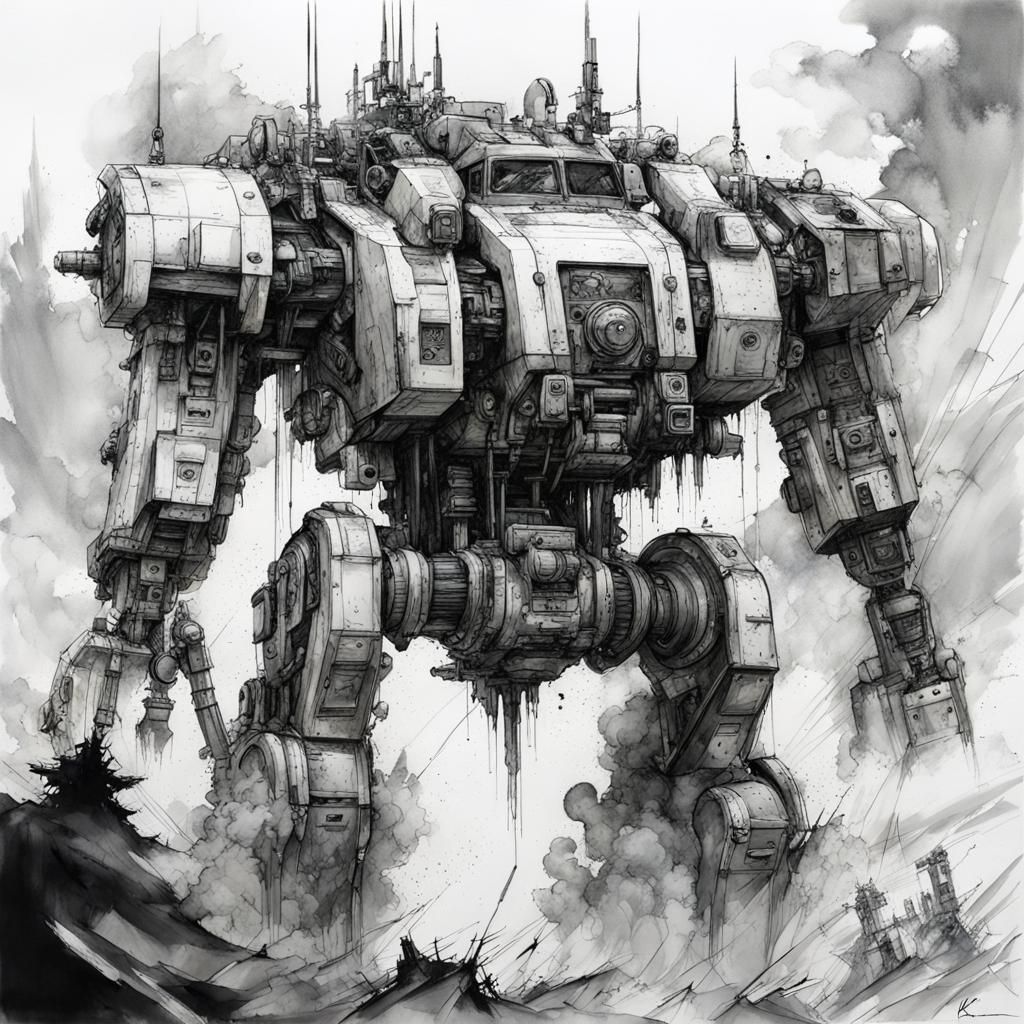 Monochrome Mecha Robot in Mountain Landscape