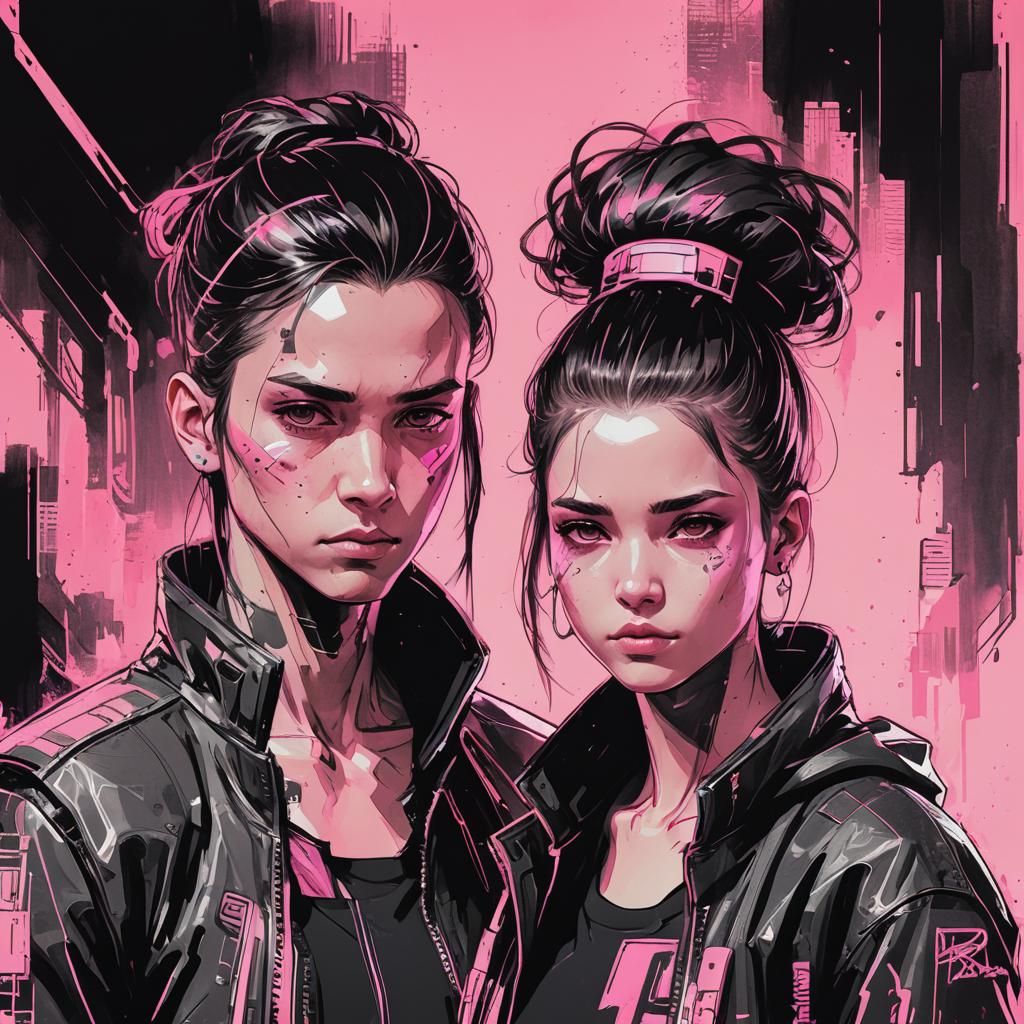 Cyberpunk Ink Sketch Portrait: Brother and Sister