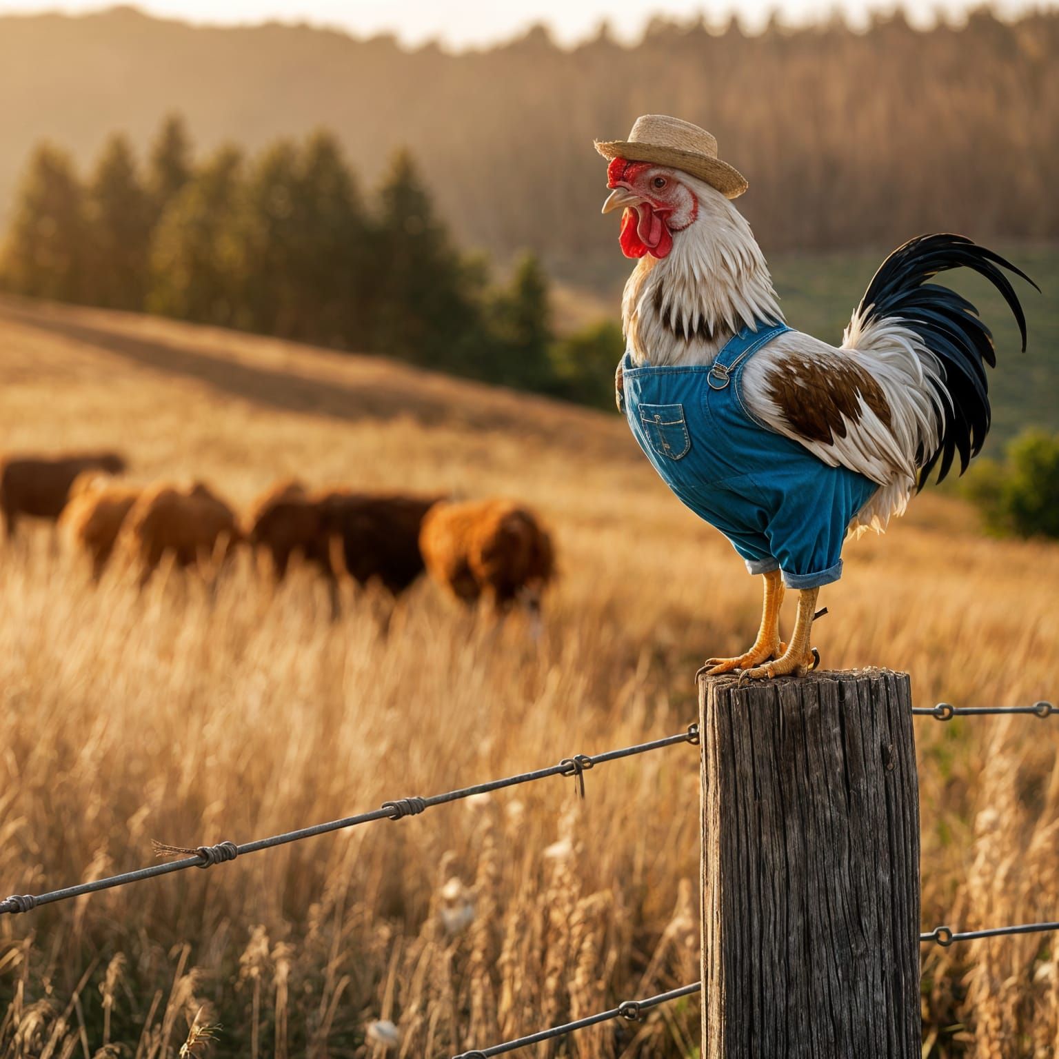 Rooster Farmer on Fence Post Watching Cows Graze