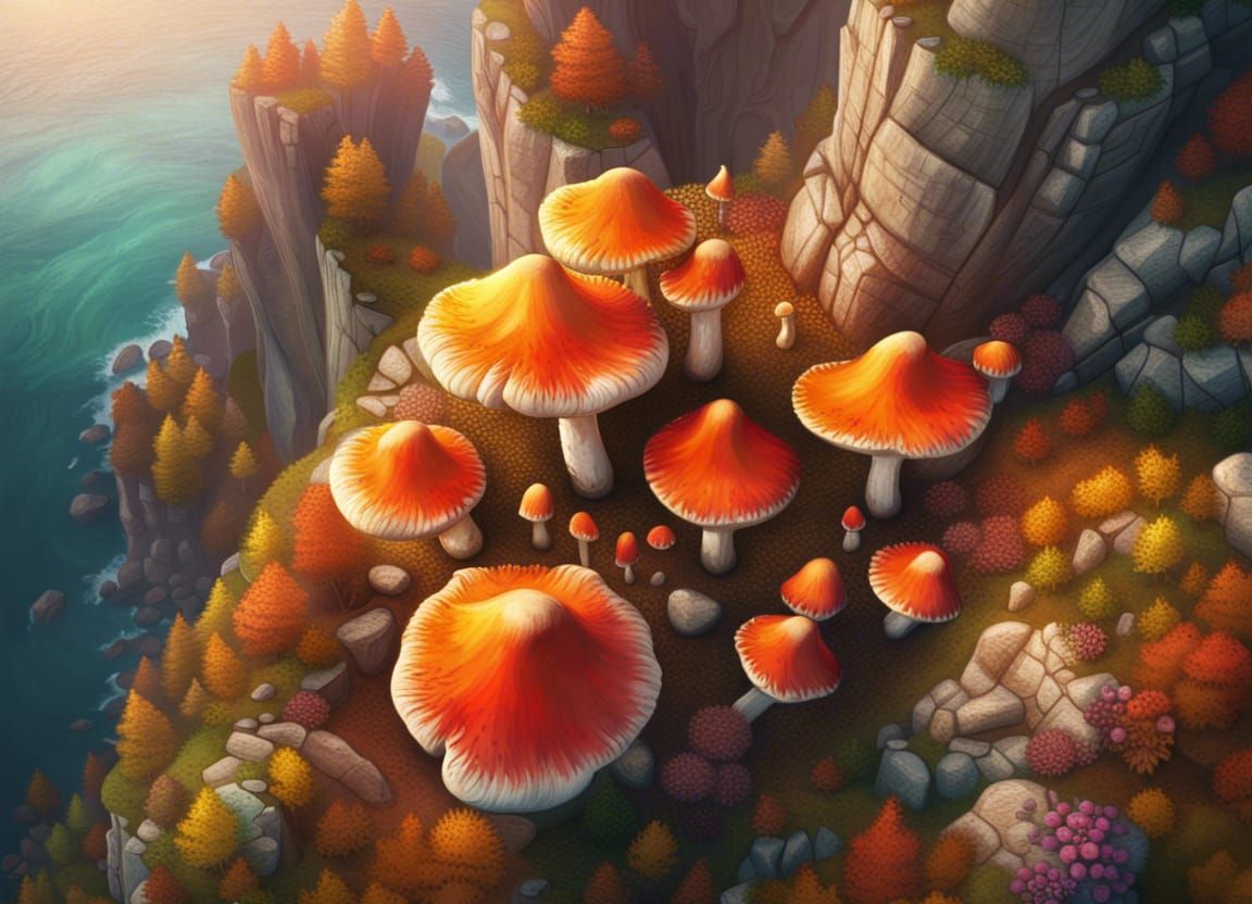 Giant Mushrooms on Cliff in Impressionistic Style