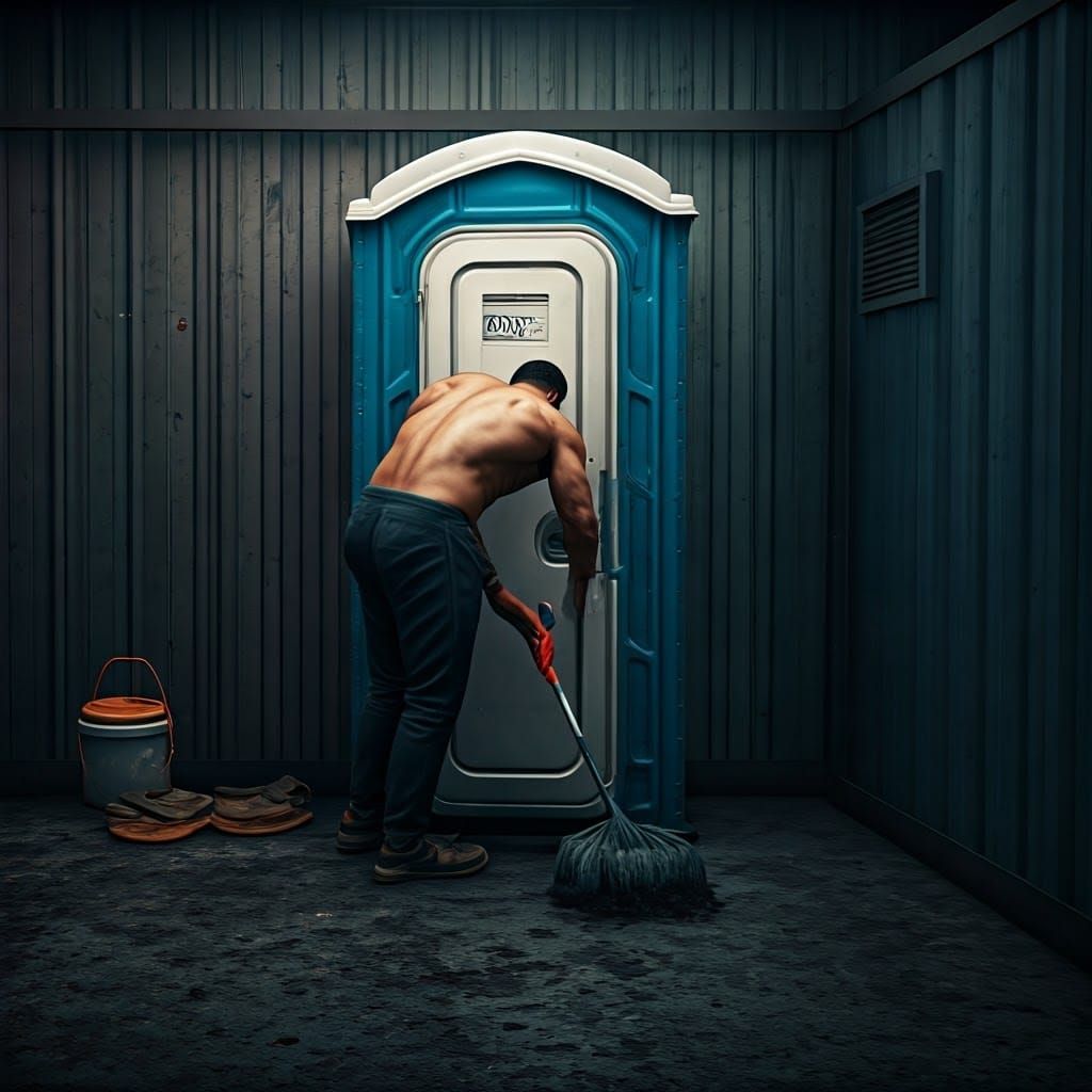 Muscular Man Cleans Porta-John in Hyper-Realistic Scene