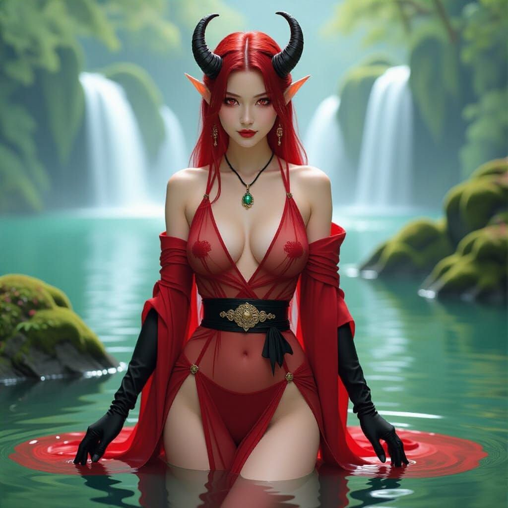 Tiefling in Ethereal Waterscape, Alphonse Mucha Style