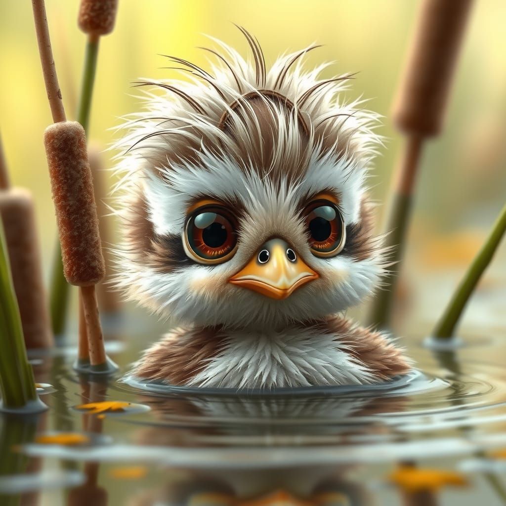 Cute Baby Bird in Marsh, Digital Illustration