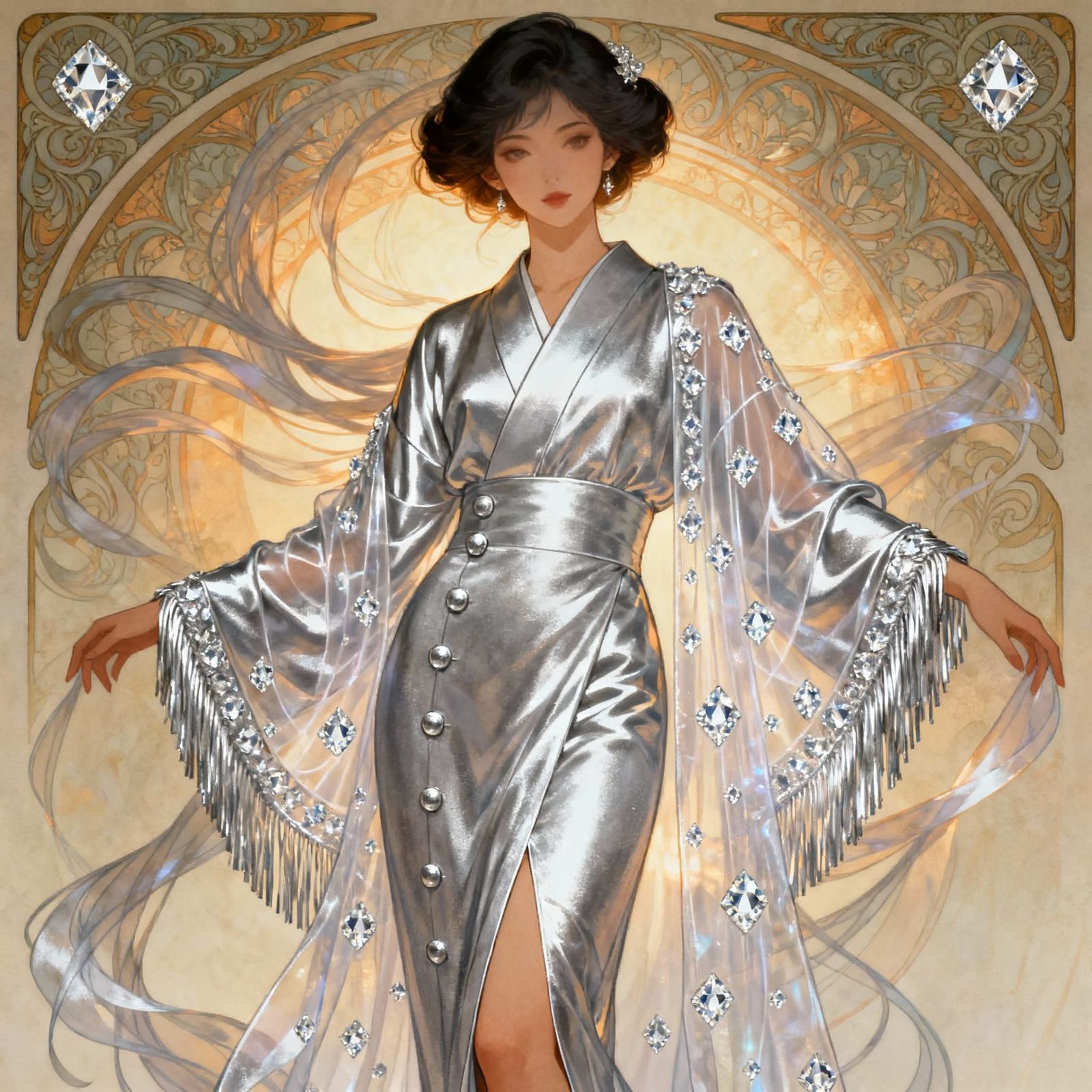 Elegant Silver Kimono with Flowing Lines