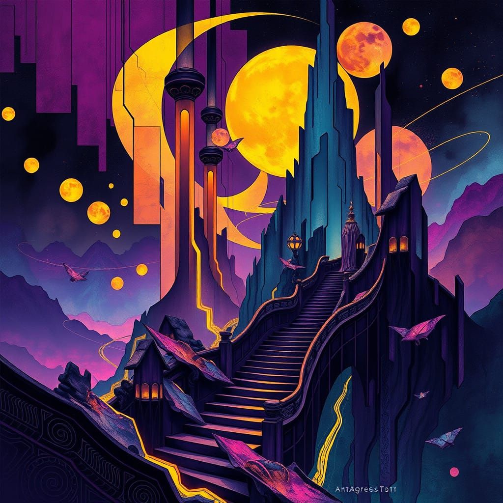 Vibrant Art Nouveau Masterpiece with Geometric Shapes and Dy...