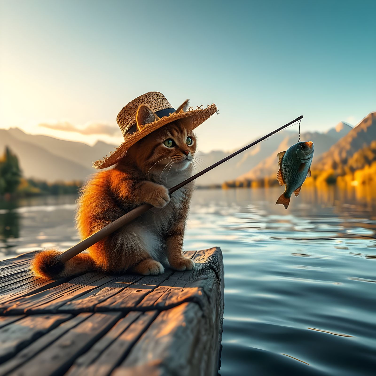Hyperrealistic Digital Art of a Cat in a Straw Hat Fishing