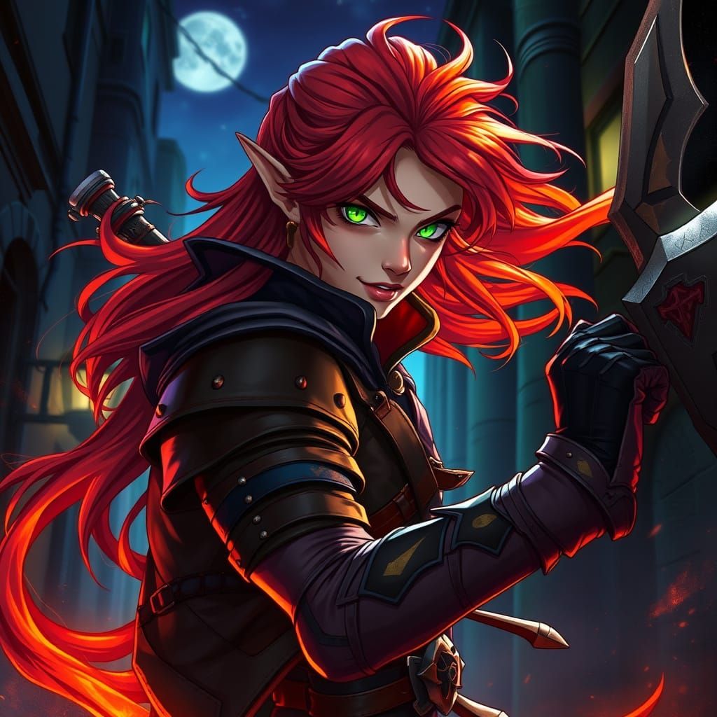 Anime-Inspired Half-Elf Rogue in Midnight Escapade