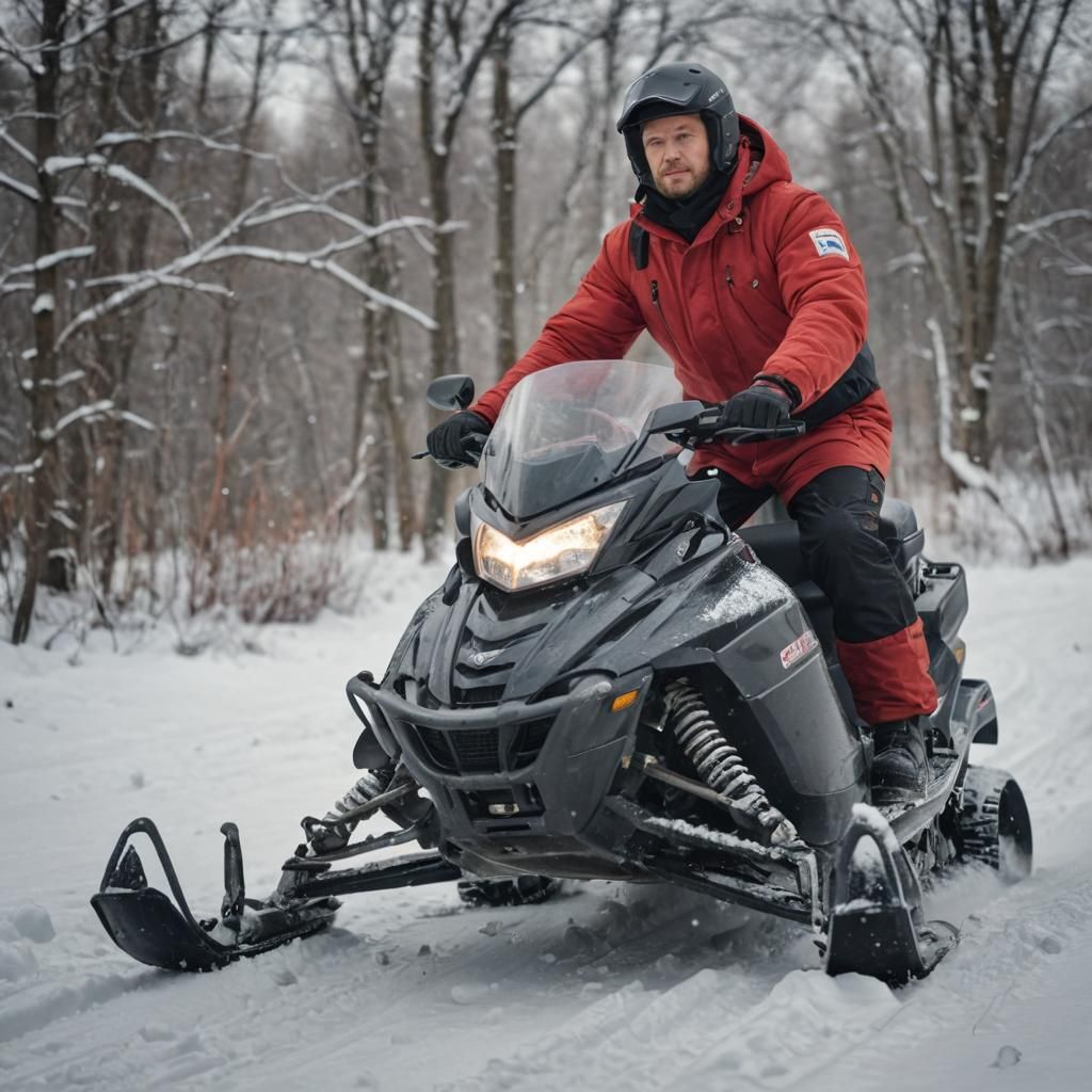 Man on Snowmobile in Winter Landscape at Golden Hour
