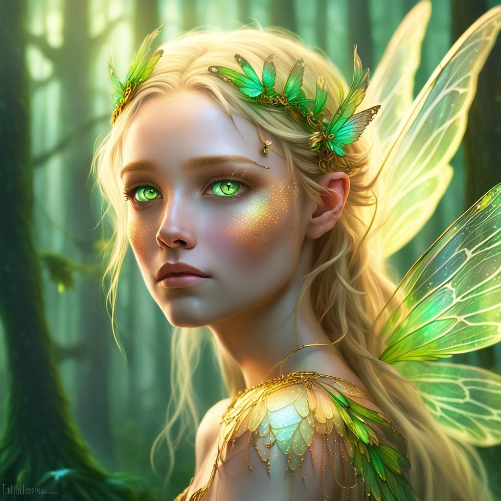Golden Haired Fairy with Glowing Wings in Detailed Fantasy A...
