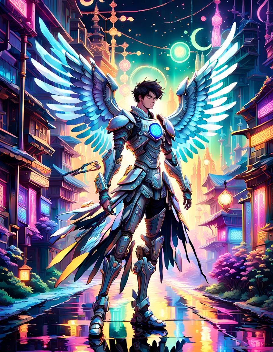 Cyborg Angel in Vaporwave Neon Cityscape