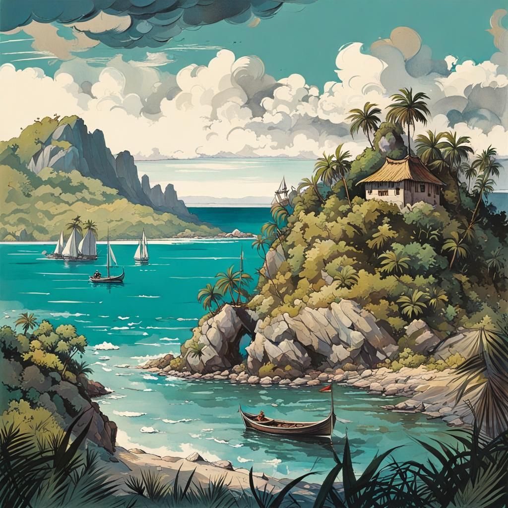 Detailed Island Scenery in Vintage Postcard Style