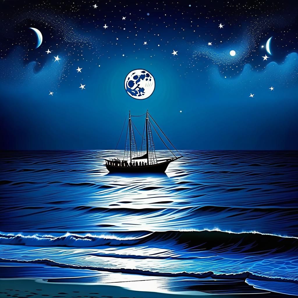 Magical Night: Boat Sailing Under Full Moon