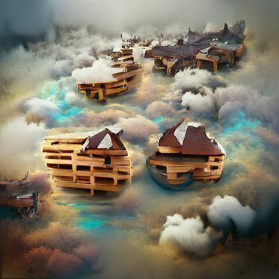Wooden Town Floating in the Clouds