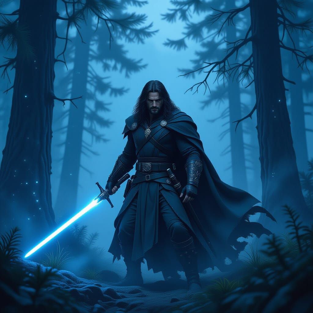 Aragorn as Strider Wields Blue Lightsaber in Misty Forest