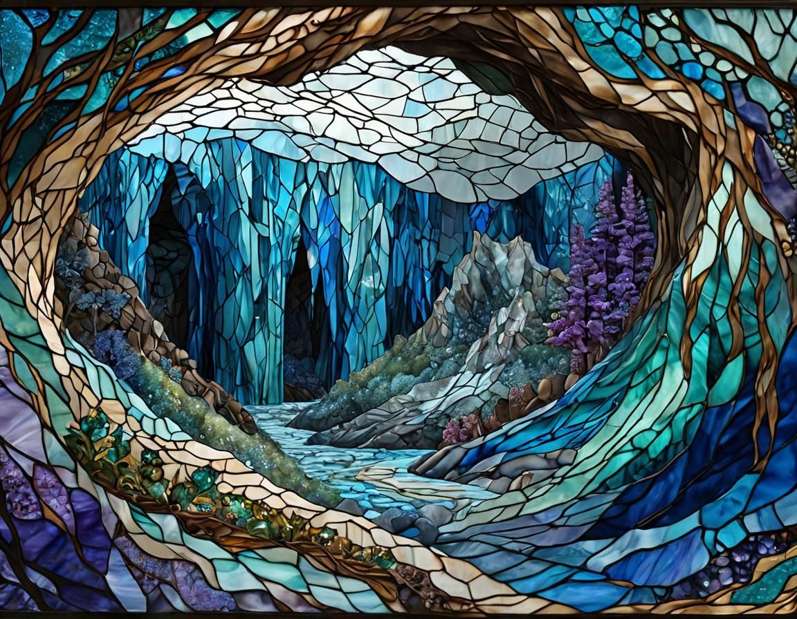 Stained Glass Mosaic of Glacier Caverns in Hyperrealism