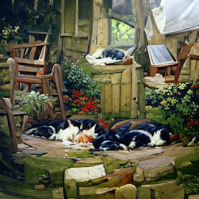 Cats in Cottage Garden: Oil Painting