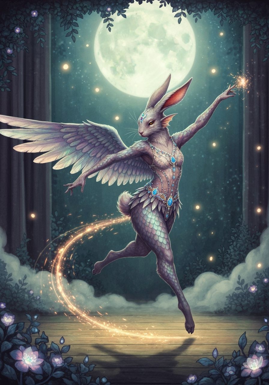 Winged Rabbit Dancer on Moonlit Stage