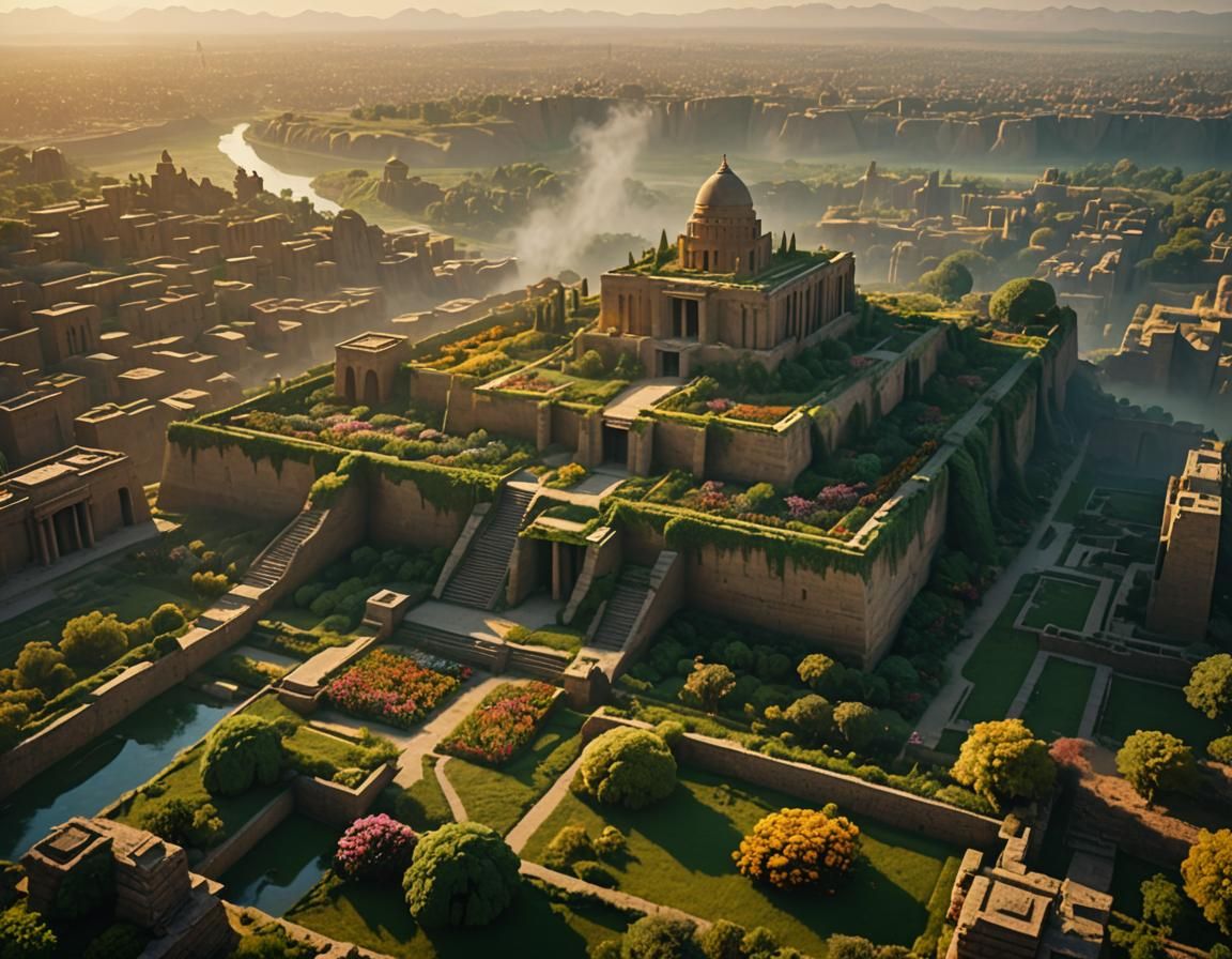 Lush Gardens Above Ancient Mesopotamian Cityscape