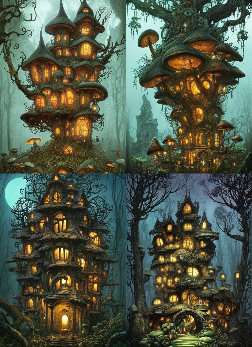 Mushroom Mansion Overgrown in Dark Forest: Watercolor Art