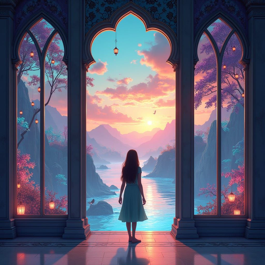 Surreal Landscape Unfolds Through Grand Windows