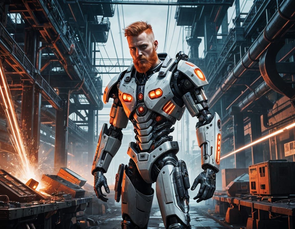 Cybernetic Warrior in Industrial Chaos