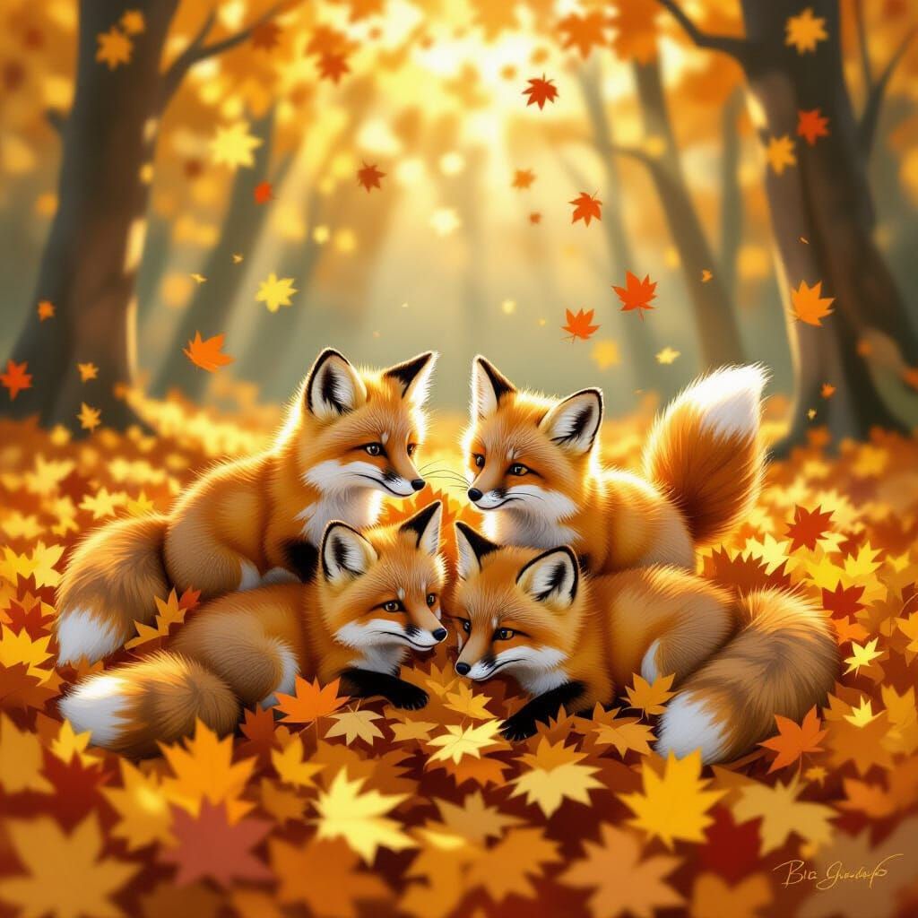 Playful Fox Kits in Autumn Leaves