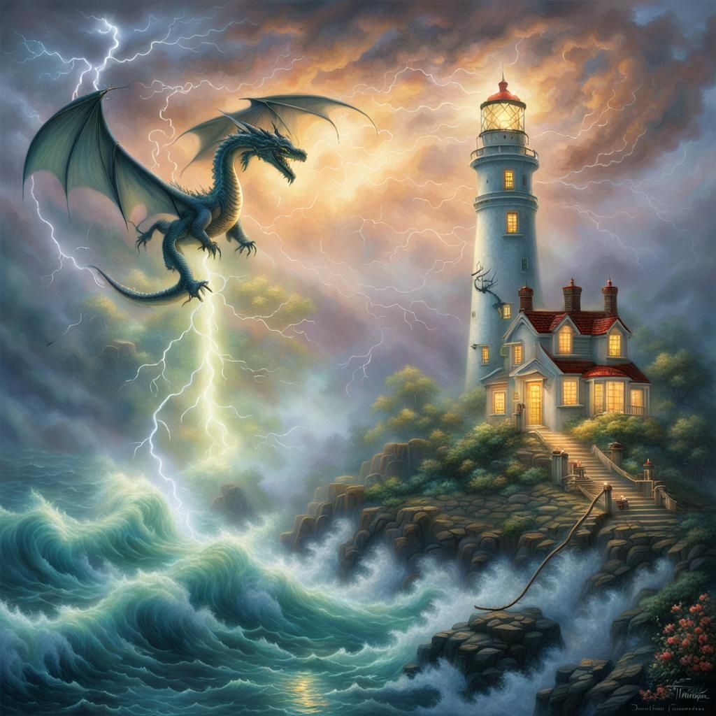 Dragon Guarding Lighthouse in Ethereal Storm