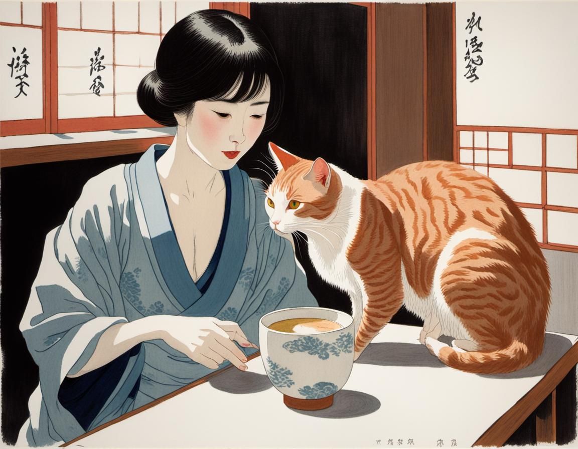 Japanese Cat Cafe in Shin-Hanga Style