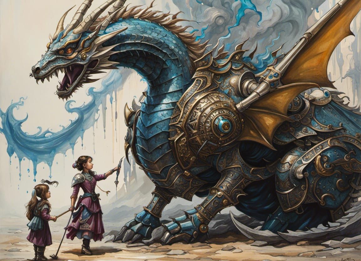 Knight Girl and Robot Dragon Playtime in Gouache Style