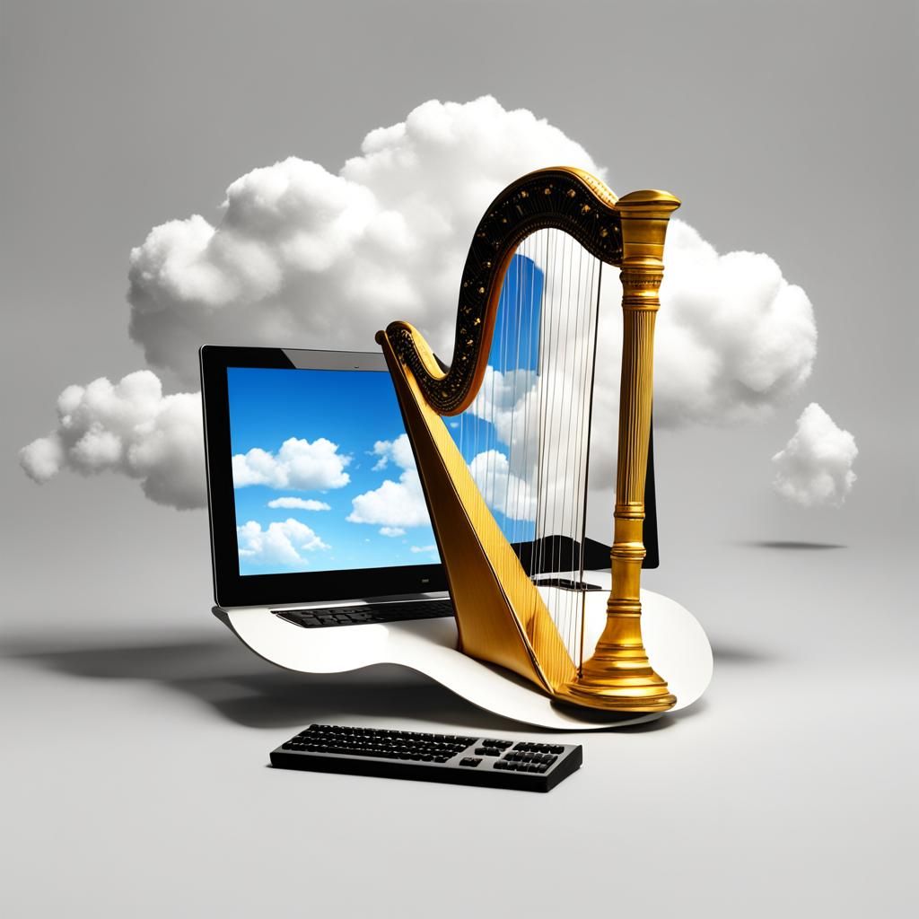 Computer with Harp on Cloud: Digital Serenity