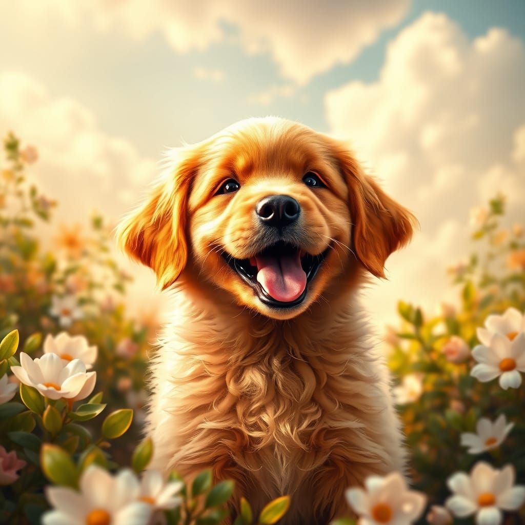 Whimsical Golden Retriever Puppy in a Fantastical World