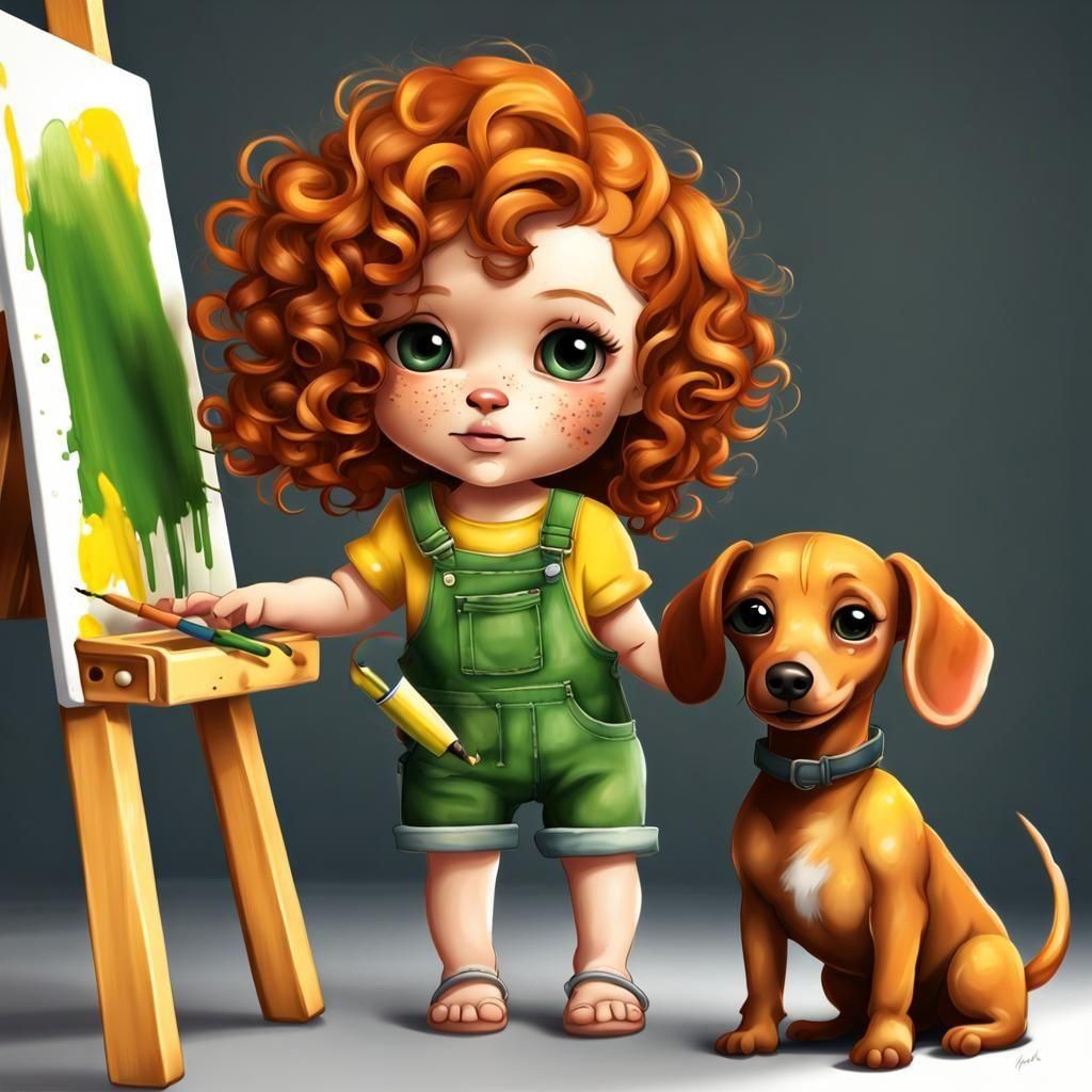 Hyperrealistic Chibi Girl Painting with Dachshund