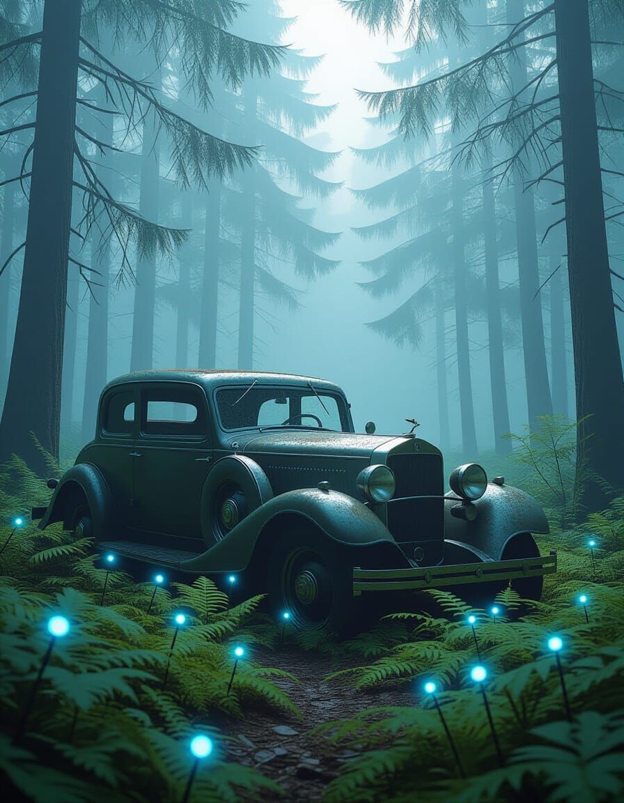 Ancient Car in Misty Forest with Bioluminescent Glow