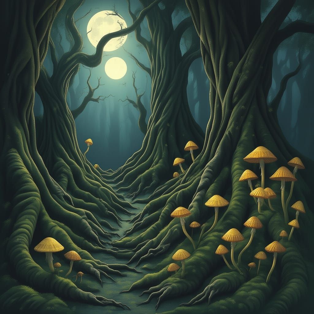 Eerie Forest Floor with Skeletal Roots in Moonlight