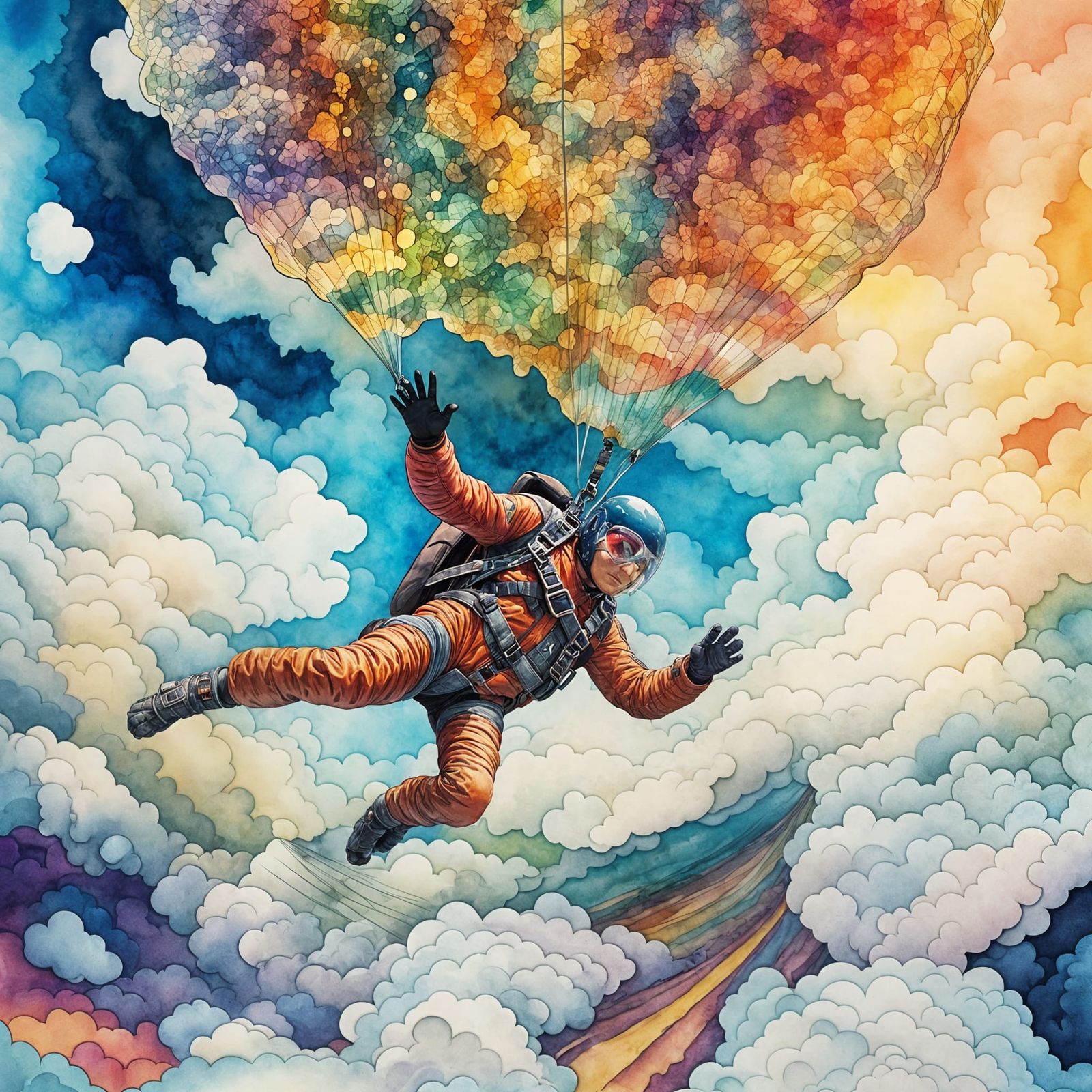Surreal Skydiving from Space, Watercolor Style