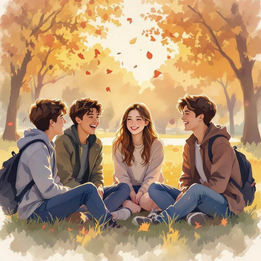 Teenagers in Park at Sunset Watercolor Painting