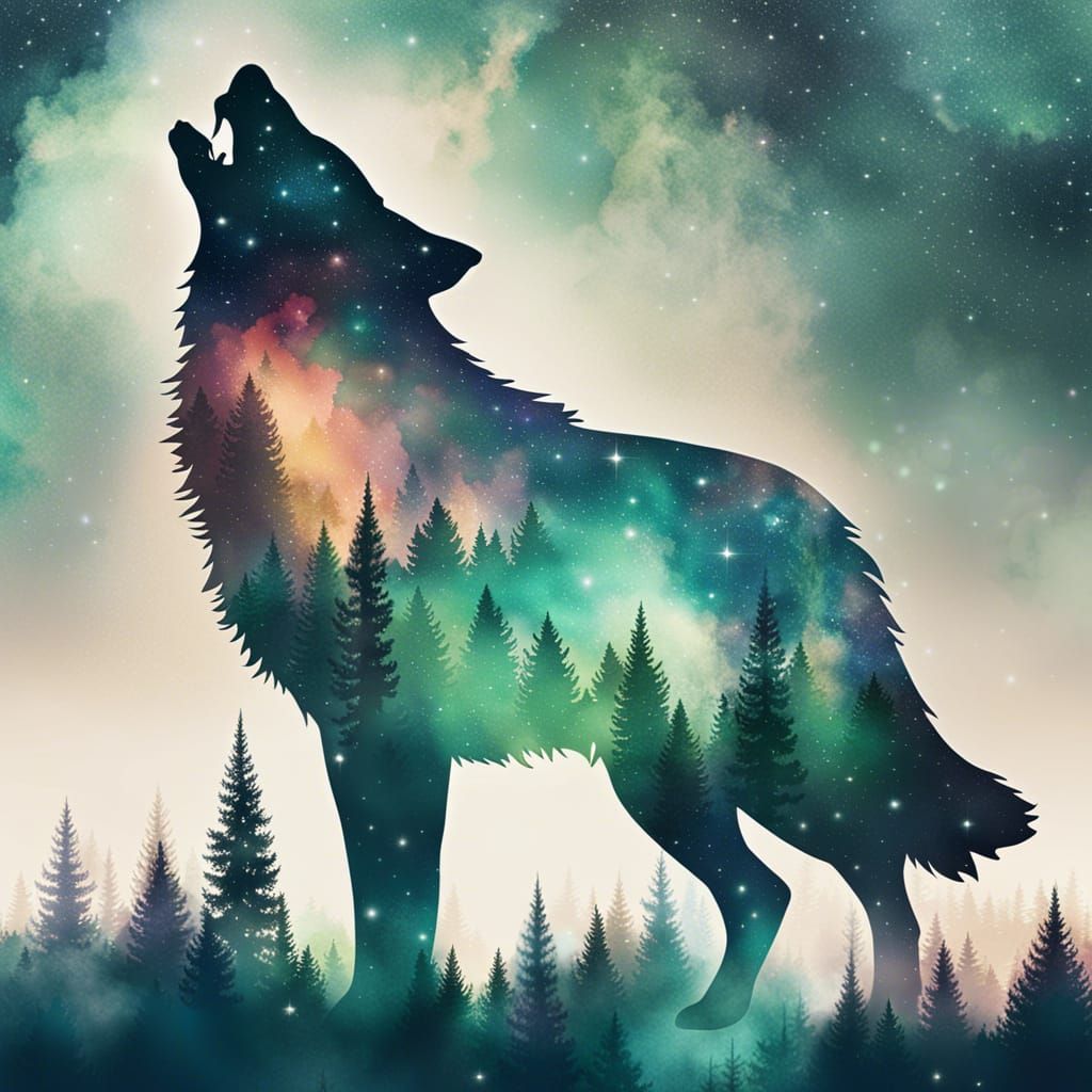 Cosmic Wolf Howling in Misty Forest: Double Exposure